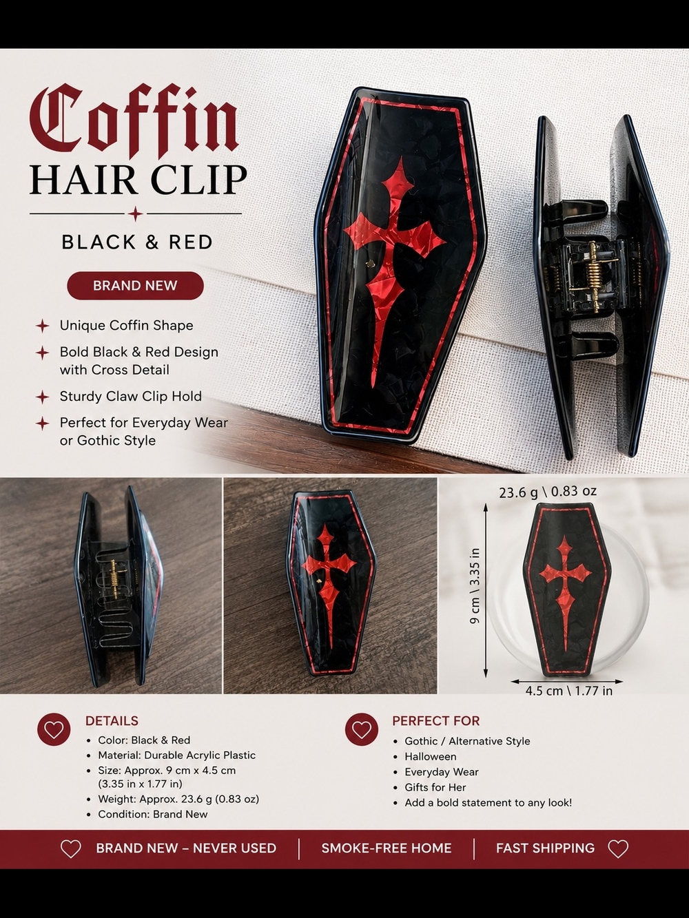 3 bundles for $25 Coffin Hair Clip - Black & Red Gothic Claw Clip